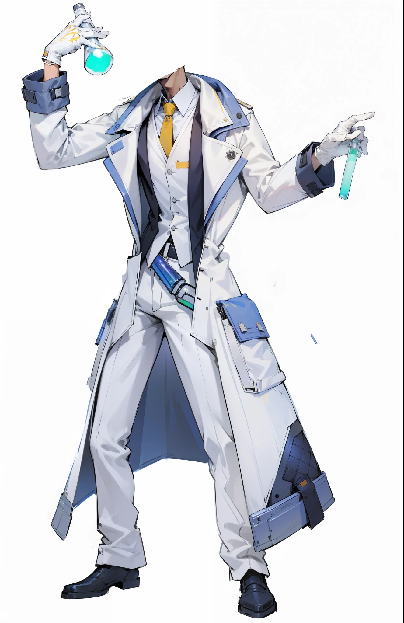 Hands holding test tubes and bottles，Wearing a white trench coat，Wearing a suit inside，cyberpunk，Home