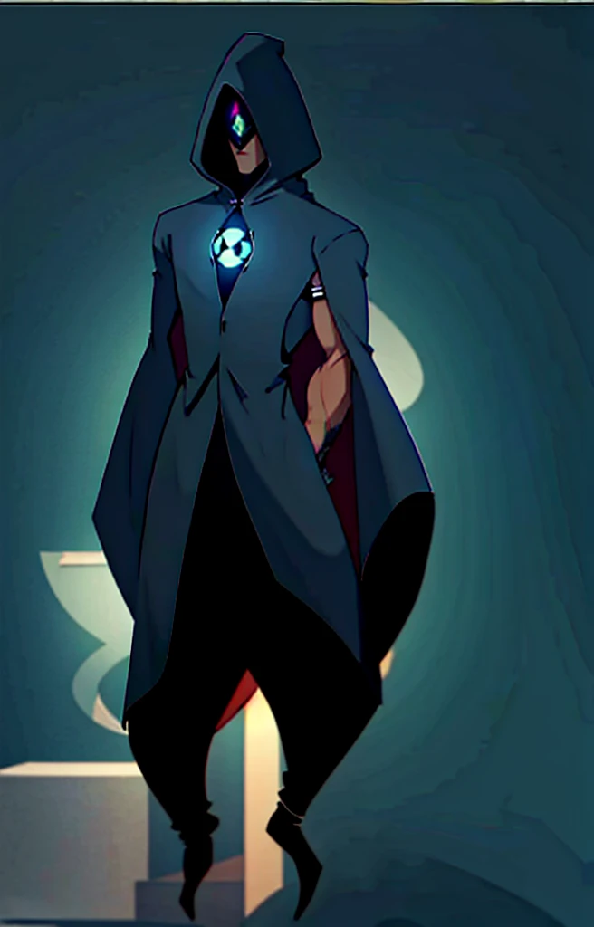 ((( Man wearing cloak))) (  indigo cloak as in controlnet image:1 with black lines), mask with eye like design, green eyes.  Symbol on chest, visible hands, ghostly figure