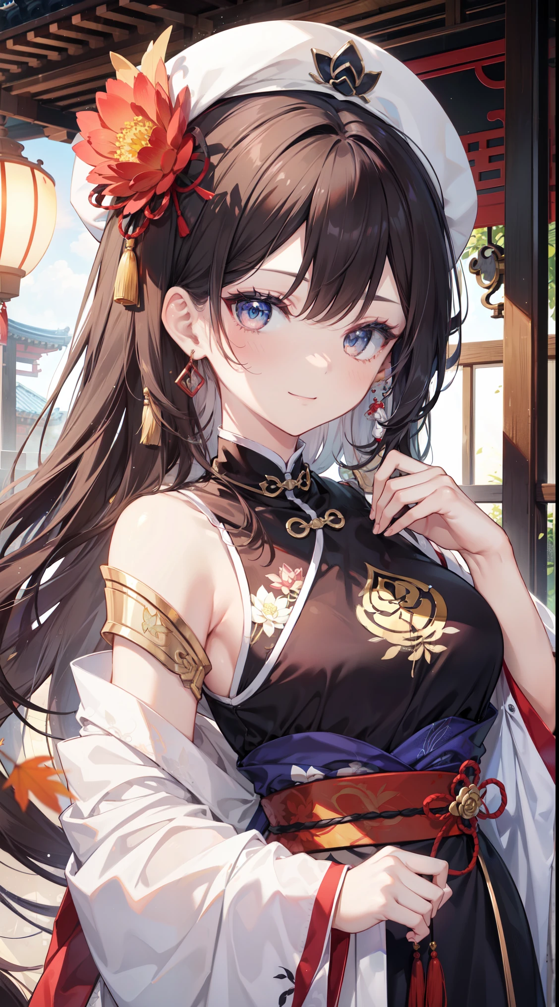 Best quality at best, tmasterpiece, 超高分辨率, (actual: 1.4), Xiuxian, Smiling, the shy, nabel, Delicatemakeup, flashy jewels, Horse face dress, detailface,, 1 girl, white  clothes, Lotus print, Maple leaf print, Alone, arma, (Magic Array: 1.2), Xiuxian, The upper part of the body, beuaty girl, A half body, east asian architecture, scabbard, build,