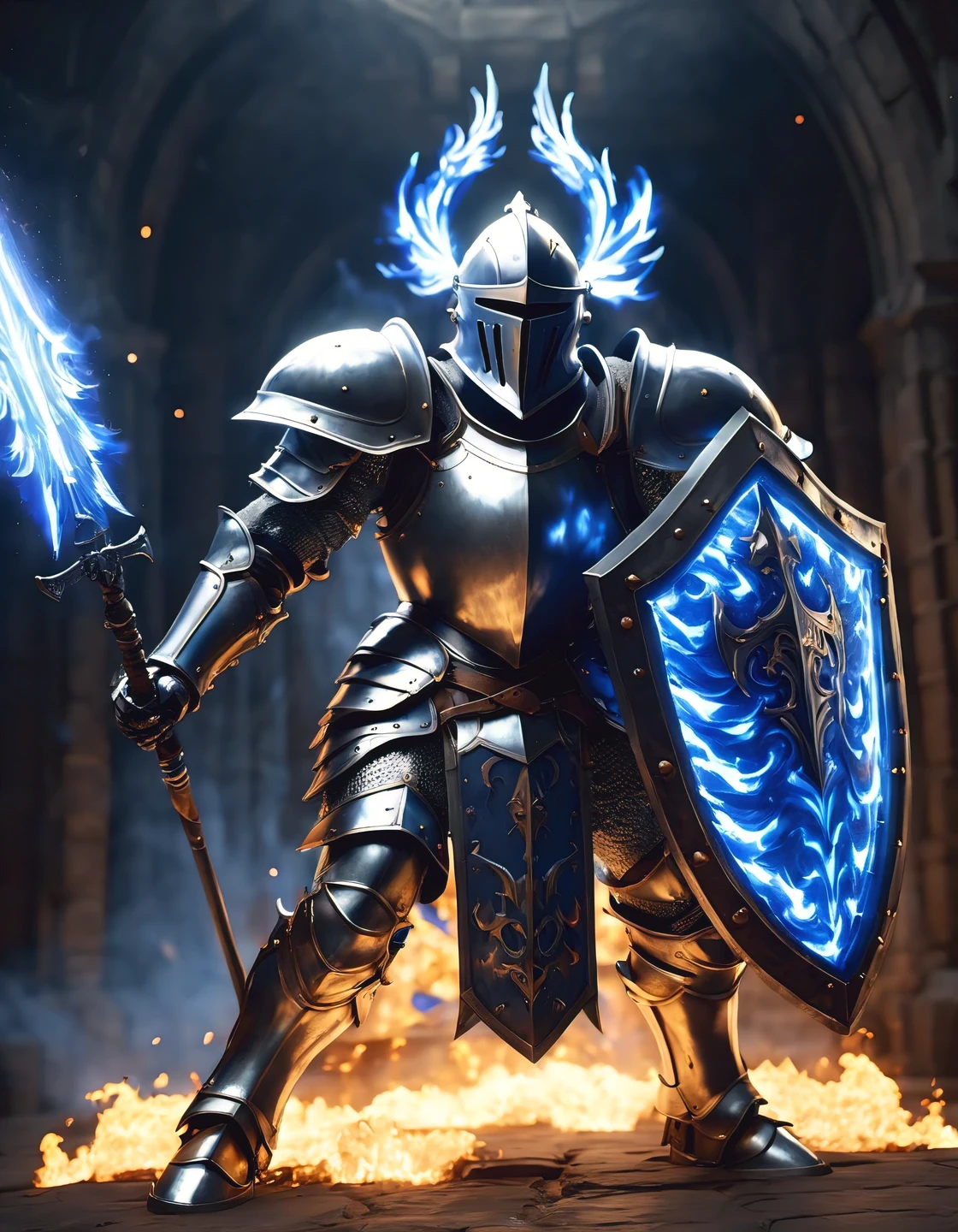 epic shot action pose a knight, full armor, armor, helmet, Reflect fire with a big shield, detailed shield, from below, blue fire swirling around character, absurdres, masterpiece, best quality, high resolution, unreal engine render, high quality render, macro lens, deep focus, light particles, glow light, intricate molten dungeon background