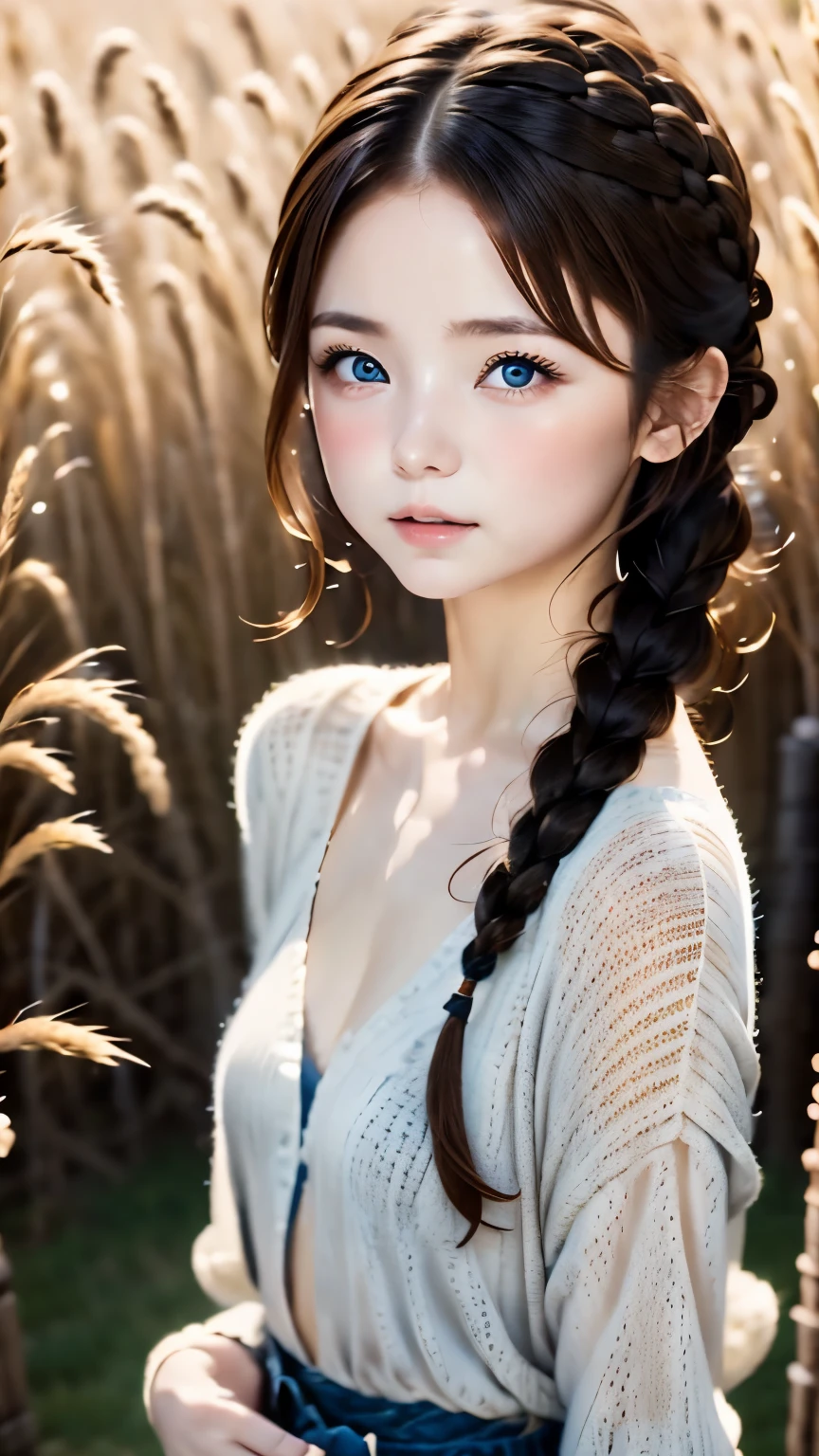 one woman、cute face、Rin々new expression、Japanese、charming eyes、Cream hair、french braid、18 years old、gray eyes、camisole dress、blue outerwear、outdoor、Rinとした佇まい、Wheat field