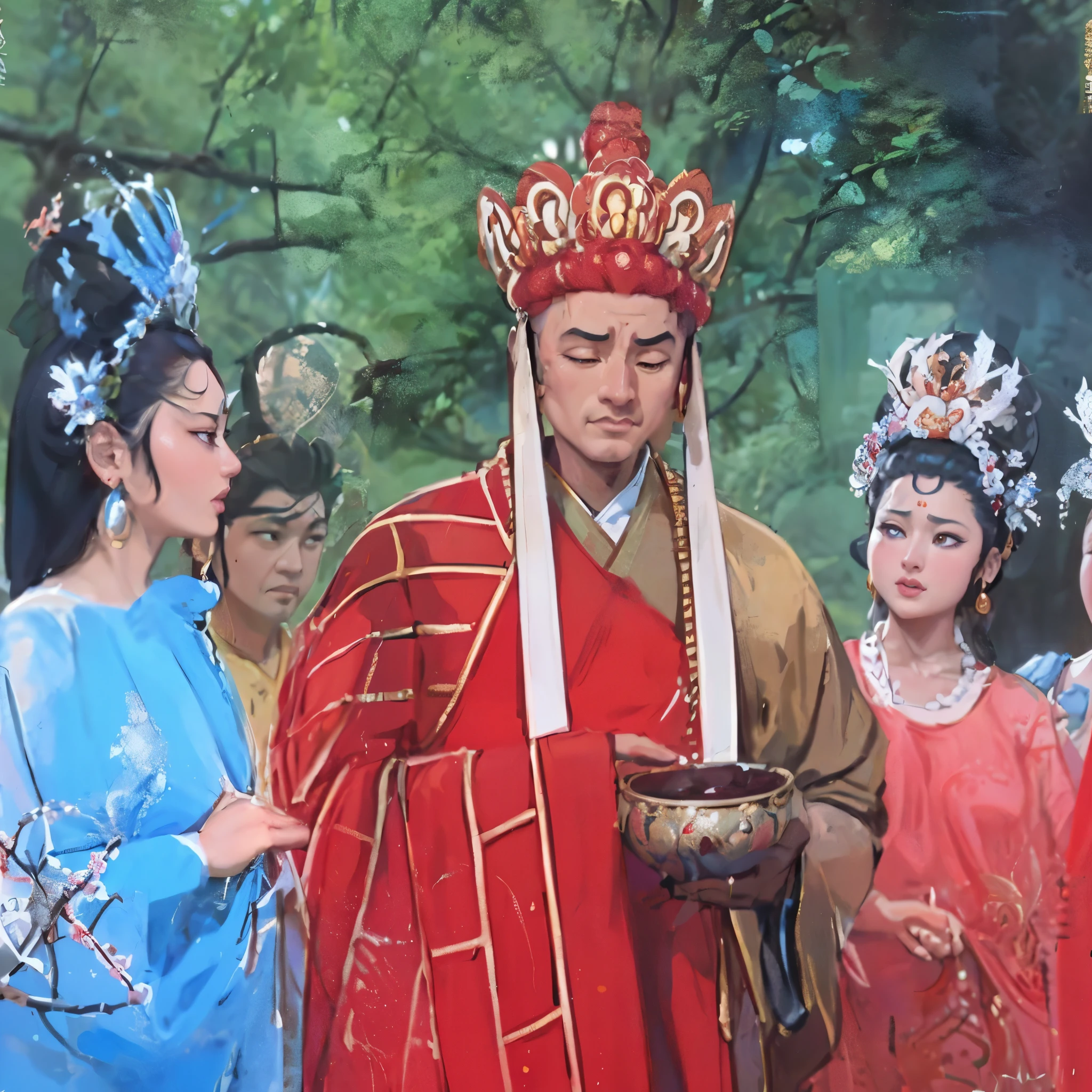 There is a handsome bald guy and a seductive beauty standing in front of a group of people, Gurwiz style art work, beautiful figure painting, tawny, light beige and orange, movie/video, subtle humor, Chinese cultural theme style, religious theme , red and gold, whimsical and funny, 32k ultra high definition, guweiz masterpiece