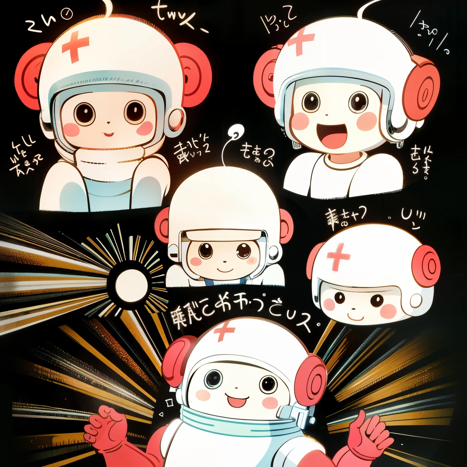 a cute monkey, all
kinds of expressions, happpy, sad, angry, expectant
laughter, disappointed1, cute eyes, white
background, illustration-nii 5-style cute, emoji
as illustration set, with boold manga line style,
dynamic pose dark white,, f/64 group, related
characters, Old Meme Kernel, robot, cute robot girl, aiko,