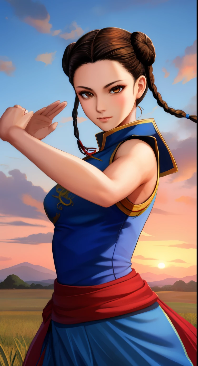 Paichang, Twin blades with blue ribbon, brown eyes, double bun,black hair, alone , Tai Chi stance, close,
Paiati,blue chinese dress, Red band, pants, No sleeve,
 blue sky, cloudy, evening, grassland, 
(Extremely detailed, beautiful detailed face, masterpiece, highest quality)   