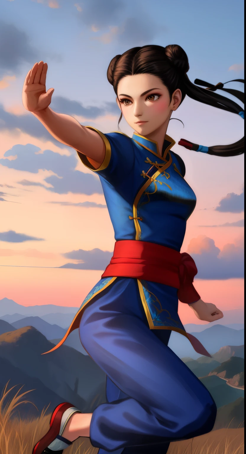 Paichang, Twin blades with blue ribbon, brown eyes, double bun,black hair, alone , Tai Chi stance, close,
Paiati,blue chinese dress, Red band, pants, No sleeve,
 blue sky, cloudy, evening, grassland, 
(Extremely detailed, beautiful detailed face, masterpiece, highest quality)   