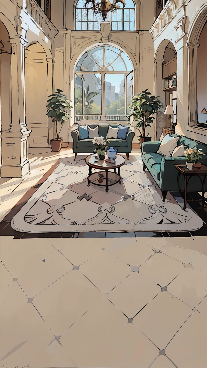 villa,Floor-to-ceiling windows,There are woods outside the window,white tile floor,Black tile inlay,white plaster pillars,White plaster wall,gold trim