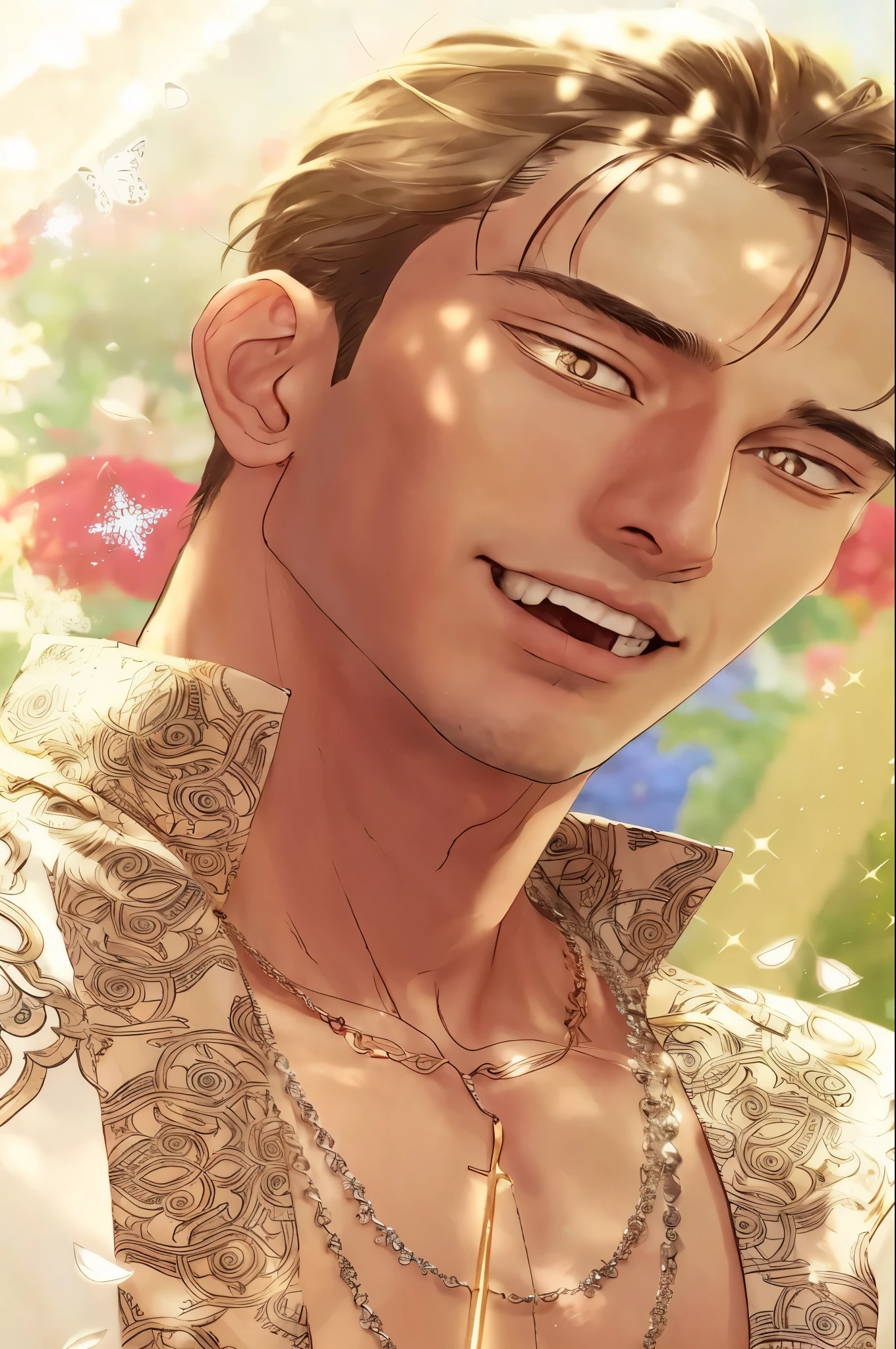 a close up of a man with a necklace on his neck, realistic