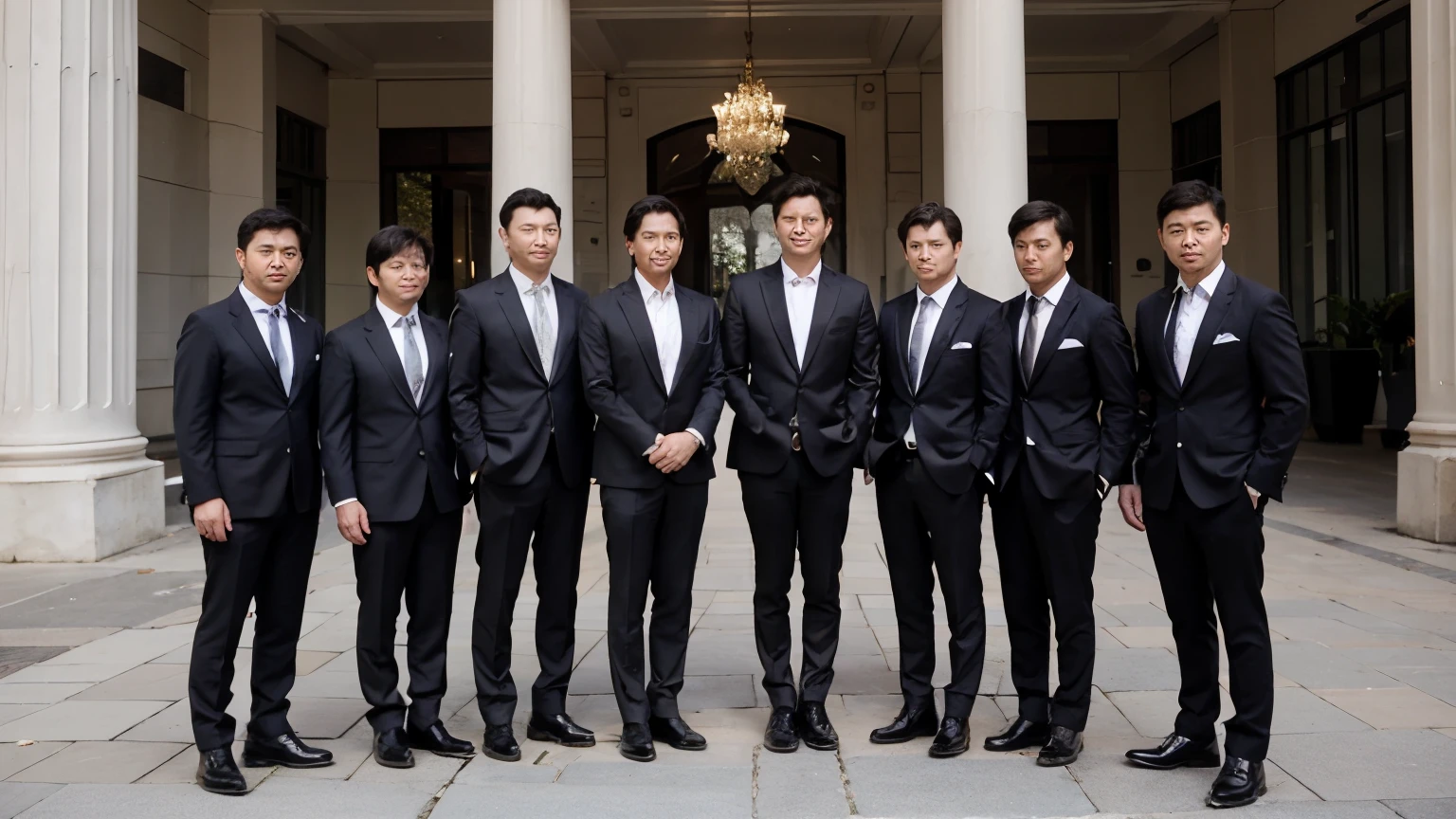 (Group of seventeen men:1.2), standing side by side, pose for the photo, wearing suit and tie, black and white, high detail, sharp focus, full body, realistic photo, New York City in the background, HDR, 8k, (Highest image quality), (((extremely detailed))