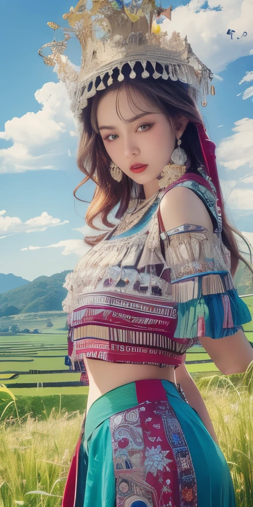 photorealistic, high resolution, soft light,1women, solo, hips up, shining skin, (detailed face), plateau,blue sky,rice fields,extreme detailed,torogao, hmong clothes, crown