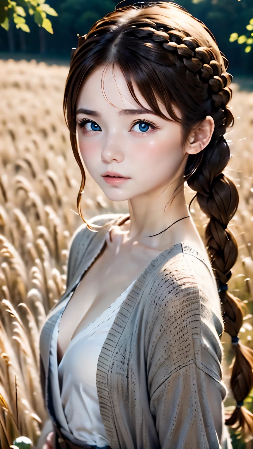 one woman、cute face、Rin々new expression、Japanese、charming eyes、meshchestnut hair、french braid、18 years old、gray eyes、camisole dress、blue outerwear、outdoor、Rinとした佇まい、Wheat field