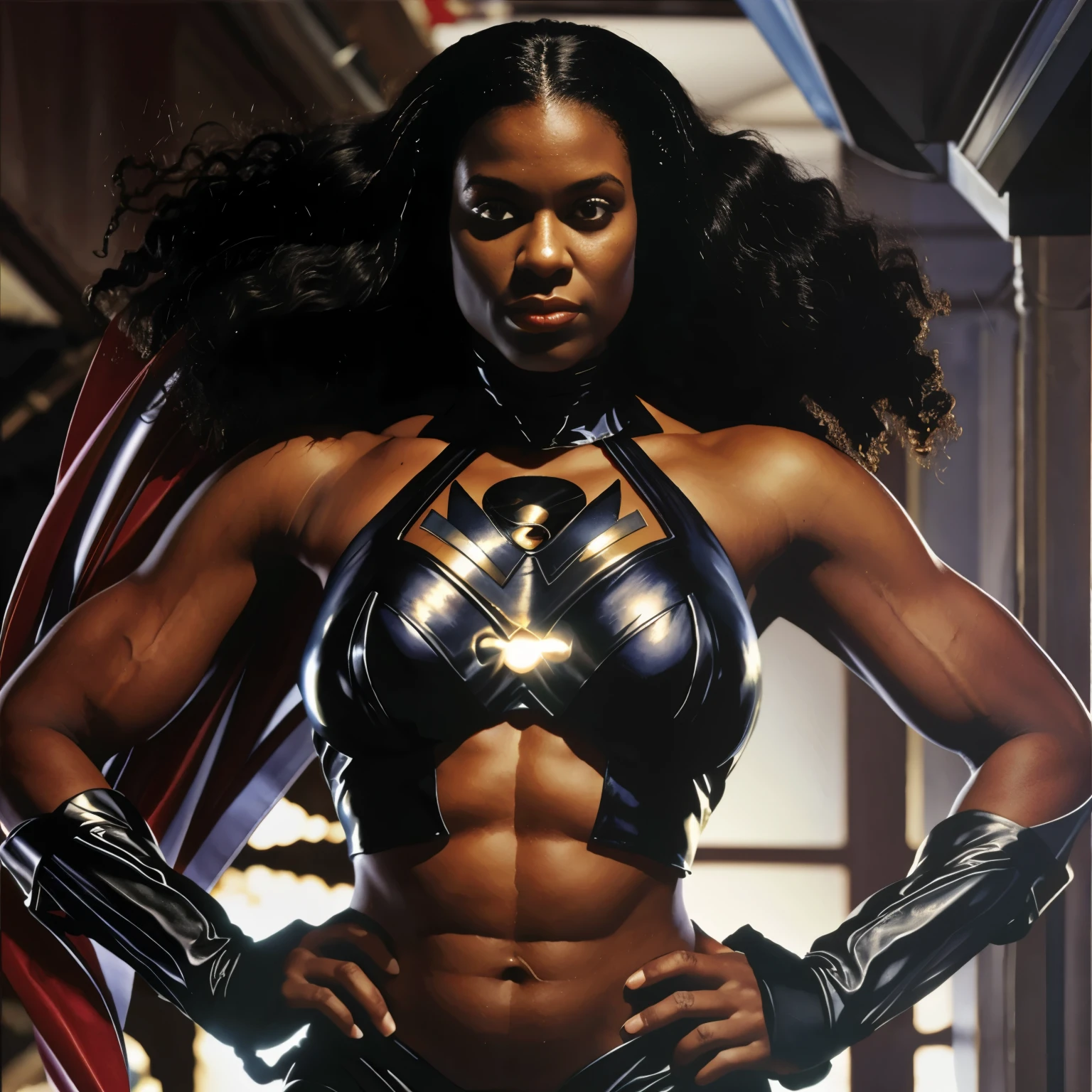 Super heroine dressed in black muscular black afro curly hair black ART by Alex Ross