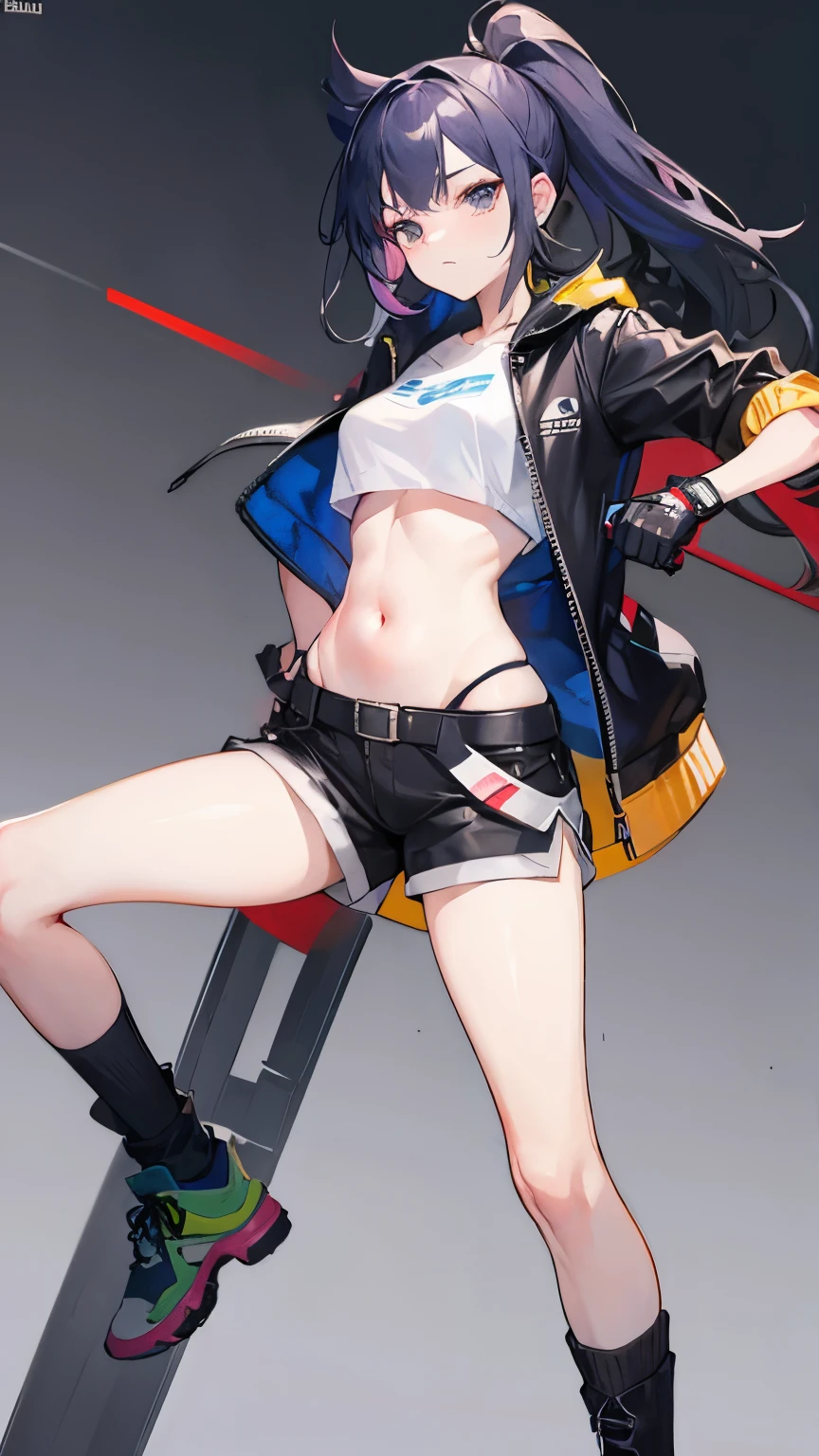 Cool girl, belly button exposed, thin legs, calf-length socks, boots, fighting the enemy