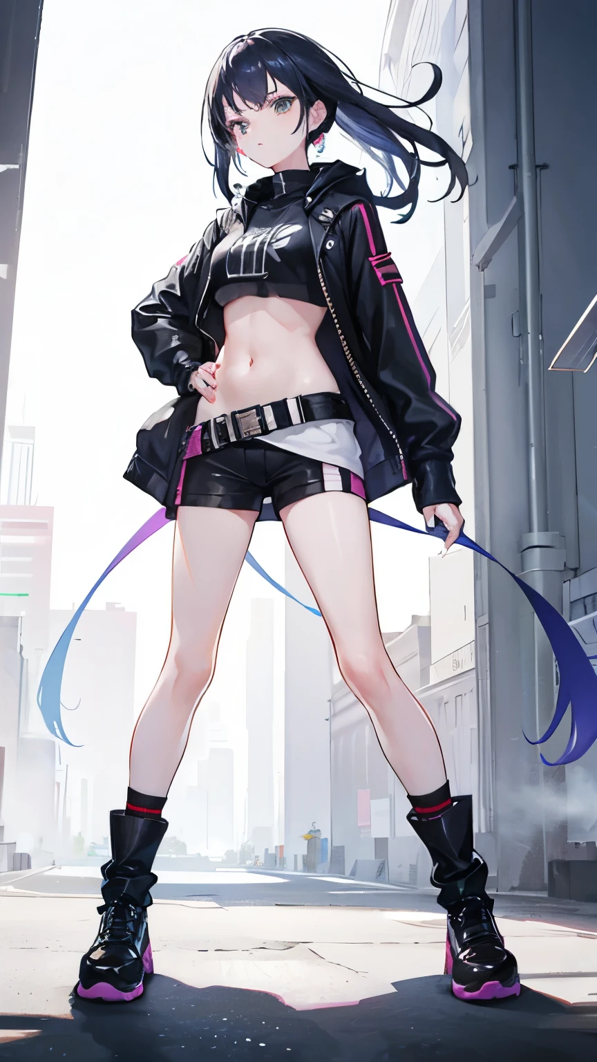 Cool girl, belly button exposed, thin legs, calf-length socks, boots, fighting the enemy