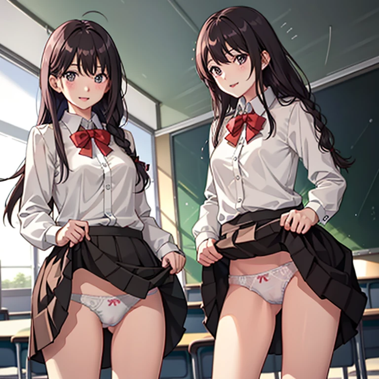 ((2 girls))、laughter、blush、shirt、のskirt、、((fun))(small breasts)、chiralism、black hair、single braid、(黒いskirt:1.3)、bow, button, 襟の付いたshirt, long sleeve, マイクロskirt, プリーツskirt、(Jacket)、 skirt, socks, thighs, 白い shirt, Rest indoors, ((classroom:1.5))、 BREAK looking at viewer、skirtの破れ,(skirtを掴む:1.5)、 (perfect hands, perfect anatomy),cowboy shot、(skirt lift:1.3),(Very detailed white panties:1.3)、(Very detailed panties:1.3)、、(skirt that rolls up:1.3)、(fully exposed panties:1.5)、(Photo seen from below)