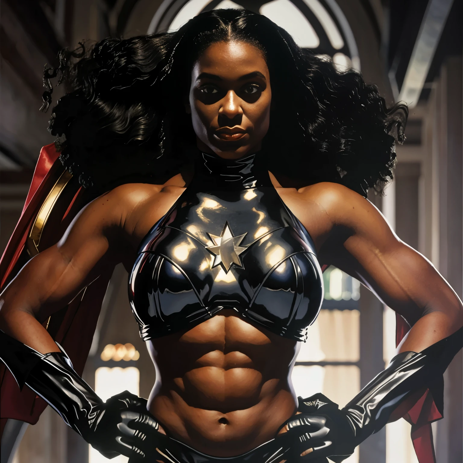 Super heroine dressed in black muscular black afro curly hair black ART by Alex Ross