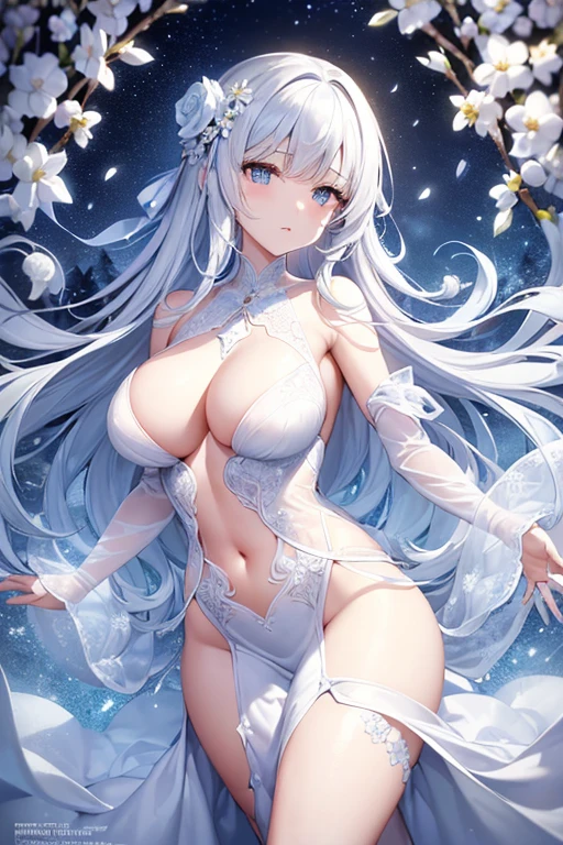 (Paradise in Heaven), White lighting,(muste piece), (best quality), (cinematic), 8K, (art station),(長いwhite hairとSilvery eyesを持つ1人の女), (beautiful delicate face)、[Frozen trees々], [landscape crystal], [lighting], [Ethereal Atmosphere:1.1], [fantasy, short story] ,[soft なlighting] 、(+cinematic shot:1.2)、 [+art station] 、[+luminous white background] 、 [soft glow] 、(Creative and dynamic angles:1.3), [+Crystal Toning] 、muste piece, very detailed, Super detailed, solo, (pale skin), Silvery eyes, white hair, (snow background), (snowflake rosen flower:1.0), (shining crystal), (Snowy ground), (White lashes), sexy woman、dreamy and detailed, Gorgeous setting, 妖しい雰囲気 muste piece, The most beautiful scenes, majestic、(((full of white flowers)))、quiet and serene atmosphere、attractive, all white tones,Inside the crystal library,Transparent flowers and falling snow，Many white roses are planted,(water flowing,waterfall,water bloom),The decoration is also carefully done.,dream（very detailedです，creative design，crisp and precise lines，K HD，best quality，master piece，超High resolution，In 4K）、Diverse poses、((beautiful white flower hair ornament))、beautiful hairstyle、(best quality, In 4K, 8K, High resolution, muste piece:1.2), Super detailed, detailed expression, graceful posture, expressive brush strokes, mysterious atmosphere, artistic interpretation,Delicate floral jewelry， (((Detailed design、Beautiful transparent dress made of thin fabric、Sheer mini dress that shows off your skin)))、(SFW:1.5), (oversized breasts, best body proportions, proportions of large breasts,:1.5)