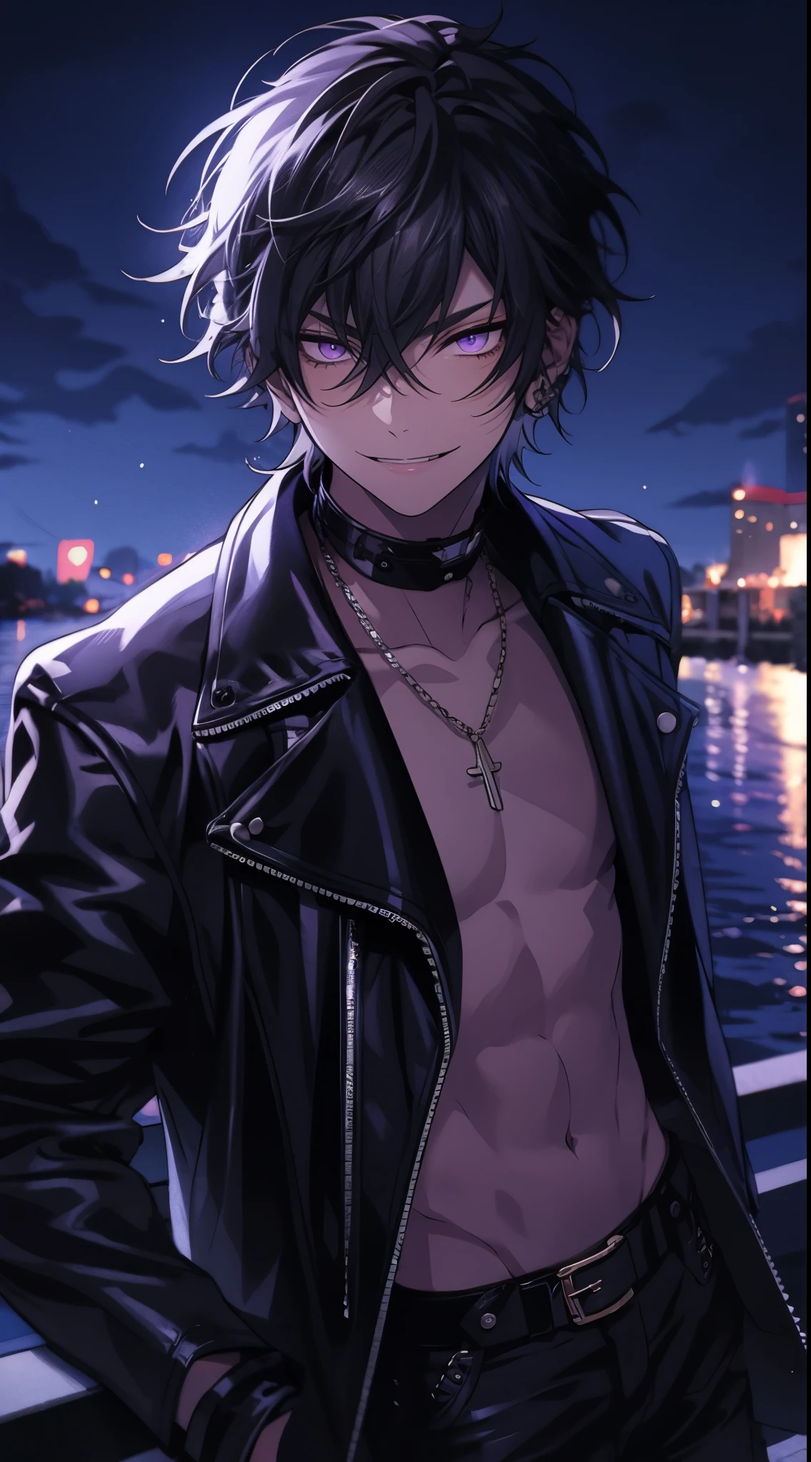 Beautiful young man, black hair, short hair, purple eyes, black leather jacket, pecs, abs, hair up, looking down, Evil smile, night scene in background, riverfront,high quality, amount of drawing, pixiv illustration