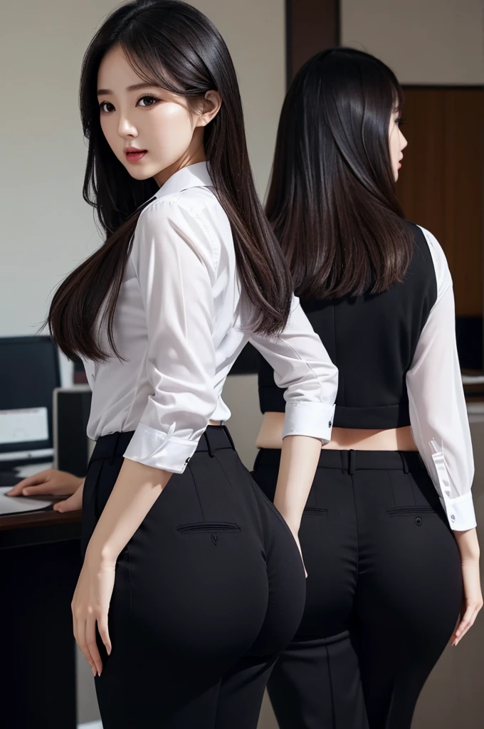 Super Beautiful Office Lady、(Plump ass)、Y shirt、 Black suitpants、posterior view、(((ultra best quality, ​masterpiece))), (((ighly detailed)))