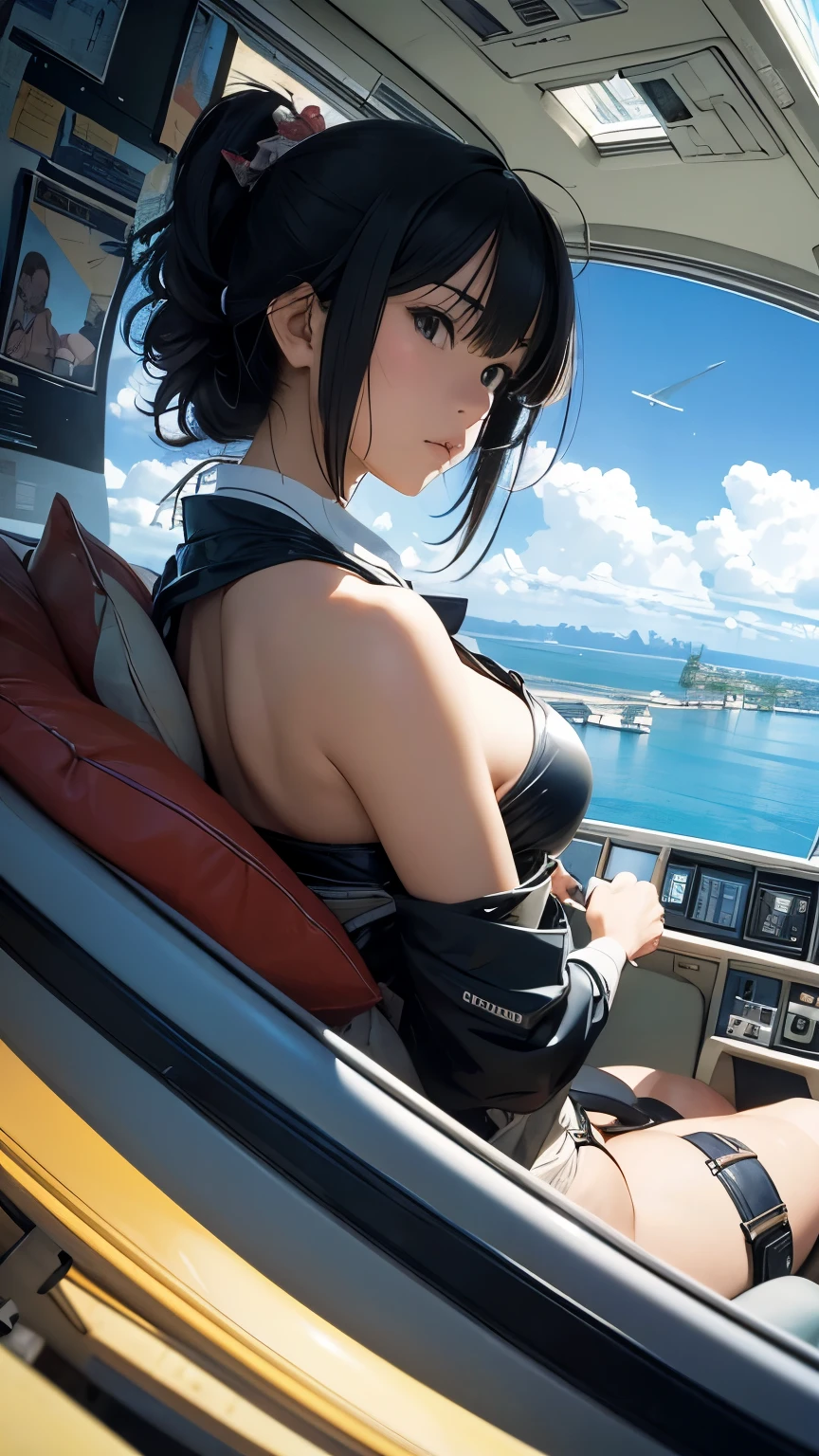 Shigeru Hatsuyama, Joe Quesada, Surreal, mysterious, strange, fantastical, fantasy, Sci-fi, Japanese anime, human-powered airplane journey, beautiful girl, perfect voluminous body, detailed masterpiece low angle shots