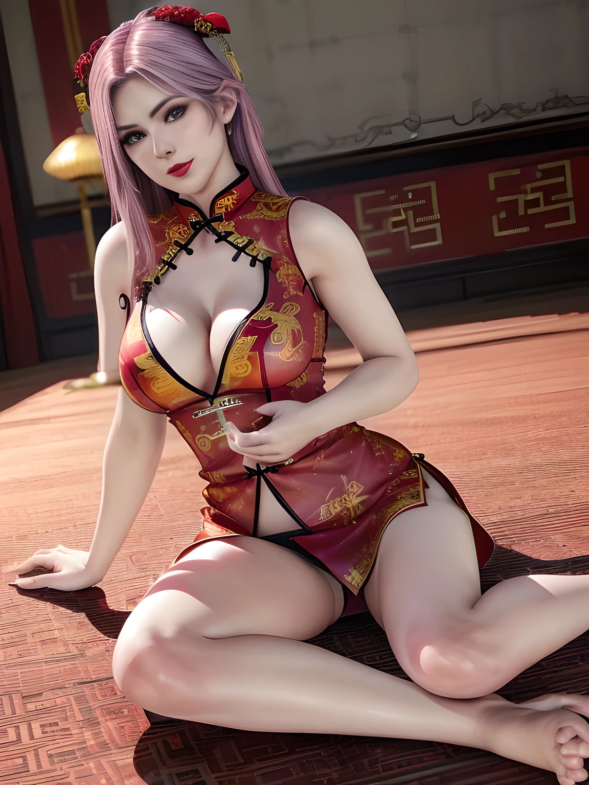 1girl,Elise,Relax,(Wearing Chinese cheongsam:1.4),(In the bridal chamber), (sitting, sexy model pose:1.2),jewelry,grace,(((red-lips))), slightly parted lips, lewd smile,  clavicle,(huge breasts),Charming cleavage,((8k, RAW photos, top quality, masterpieces), high-definition RAW color photos professional close-up photos, (realistic, photorealism: 1.37), (highest quality), (best shadows),  ((erotic, sexy, ultra high resolution, high-definition CG unified 8K wallpapers, physically based rendering, movie lighting),solo,