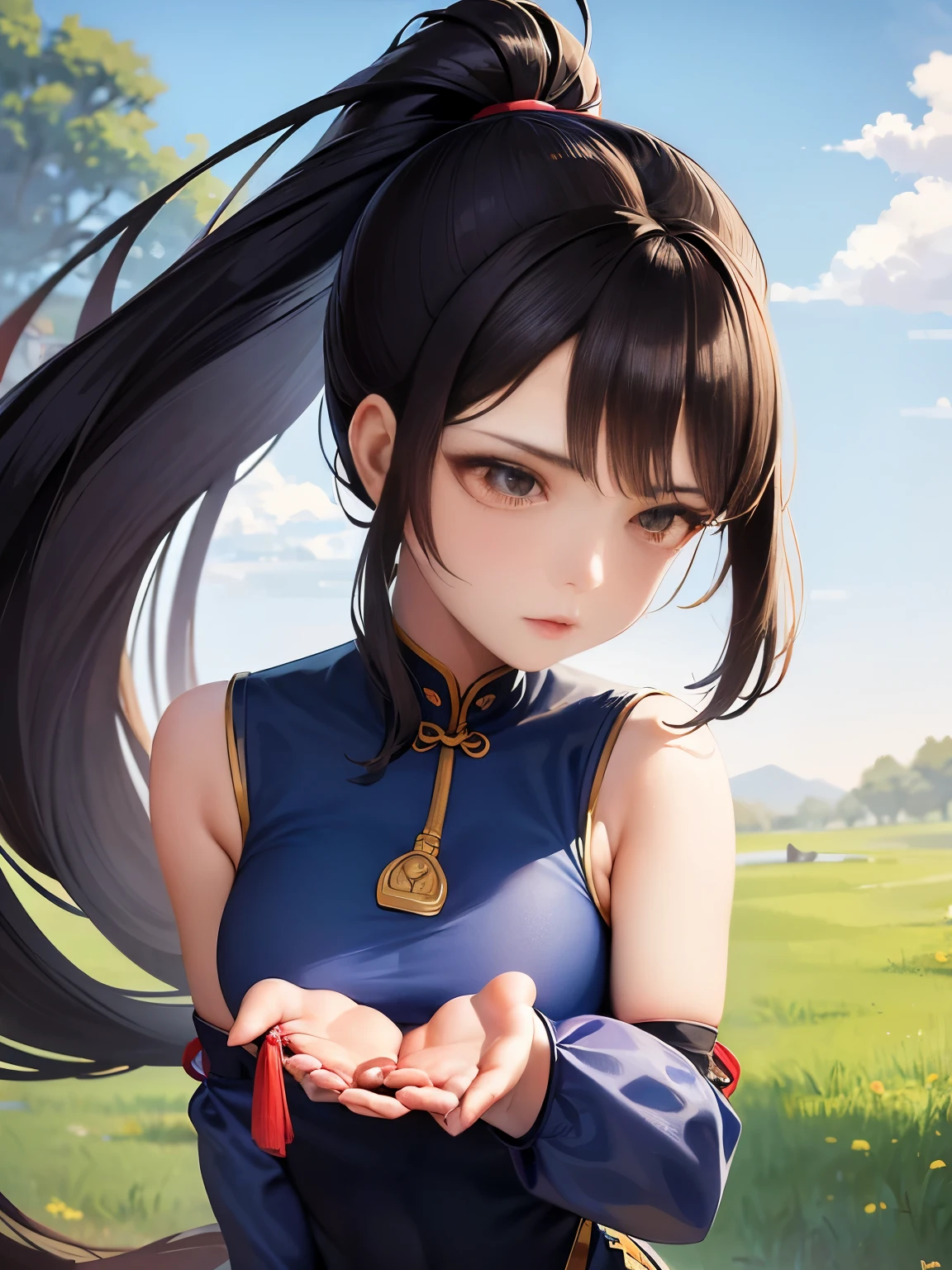 Paichang, Twin blades with blue ribbon, brown eyes, double bun,black hair, alone , Tai Chi stance, close,
Paiati,blue chinese dress, Red band, pants, No sleeve,
 blue sky, cloudy, evening, grassland, 
(Extremely detailed, beautiful detailed face, masterpiece, highest quality)   close up of a cartoon character with ponytail, portrait of Chunli, portrait of Chunli, Chunli, Chunli, Chunli, Chunli at the gym, types of bacteria lau, extremely detailed types of bacteria, types of bacteria. high detail, g lillian art style, Inspired by Zhu Lian