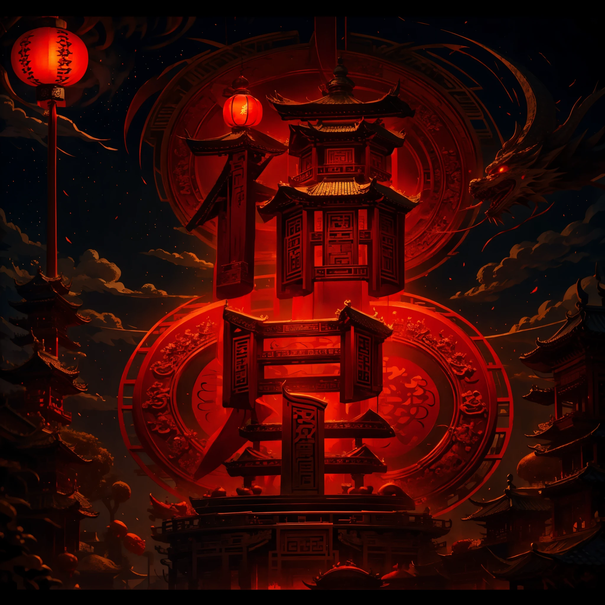 red lantern red lantern,linden trees,a cassock,Chinese style architecture,Chinese motif,totem,tmasterpiece,Rich detail pattern ,tmasterpiece,Best quality at best,ultra - detailed。chinesedragon