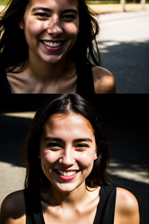 RAW photo, face portrait photo of beautiful 26 y.o woman, cute face, wearing black dress, happy face, hard shadows, cinematic shot, dramatic lighting