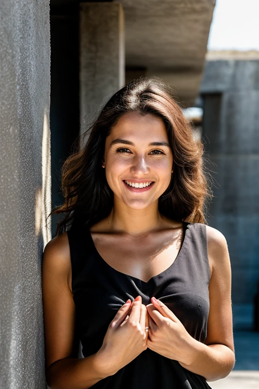 RAW photo, face portrait photo of beautiful 26 y.o woman, cute face, wearing black dress, happy face, hard shadows, cinematic shot, dramatic lighting