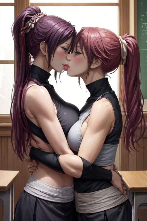 (highest quality:1.3), Yoruichi shihouin, hide, Two girls，equivalent height，In the classroom，ponytail，face each other and look at each other，hug each other，two bodies are close together，kiss、Picture of two people、Holding hands and facing each other、Photograph of two people facing each other、Push each other、Stick your boobs and boobs together、,highest quality,1 girl,kiss_tonguetongue,,tongue、two girls、lick together、Girls facing each other、抱き合いながらkiss、very big breasts、super huge boobs、向かい合ってkiss、hug each other、