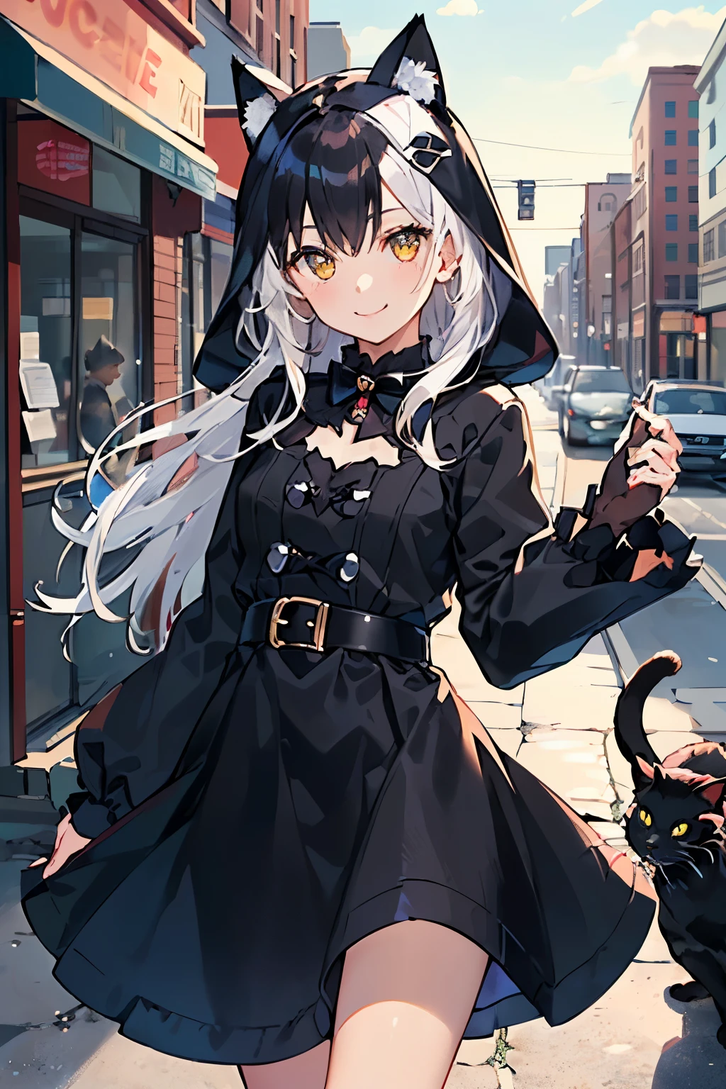 ((morning), One Girl, soio, Look at the viewer, Winters, Cowboy Shots, (down town), (Cowboy Shots, a smile, Kurokami Morning), (black cat ear hood:1.3), One Girl, soio, Look at the viewer, Winters, Cowboy Shots, (down town), Cowboy Shots, a smile, A dark-haired