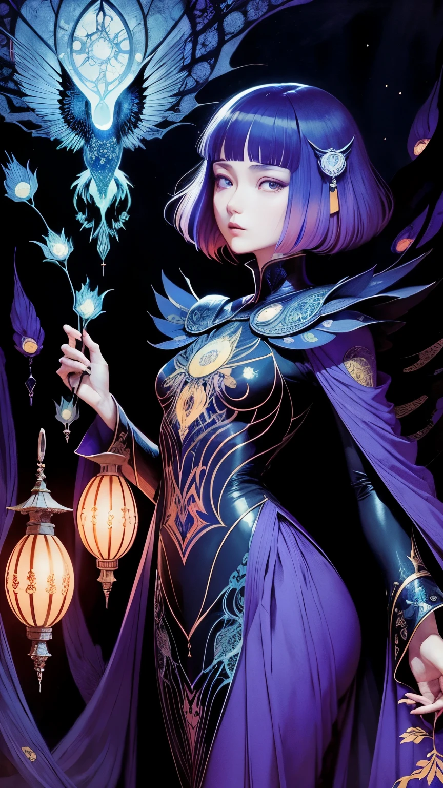 Harry Clarke, Takeo Takei, Surreal, mysterious, strange, fantastical, fantasy, Sci-fi, Japanese anime, beautiful girl with flame hair, perfect voluminous body, owl house, detailed masterpiece