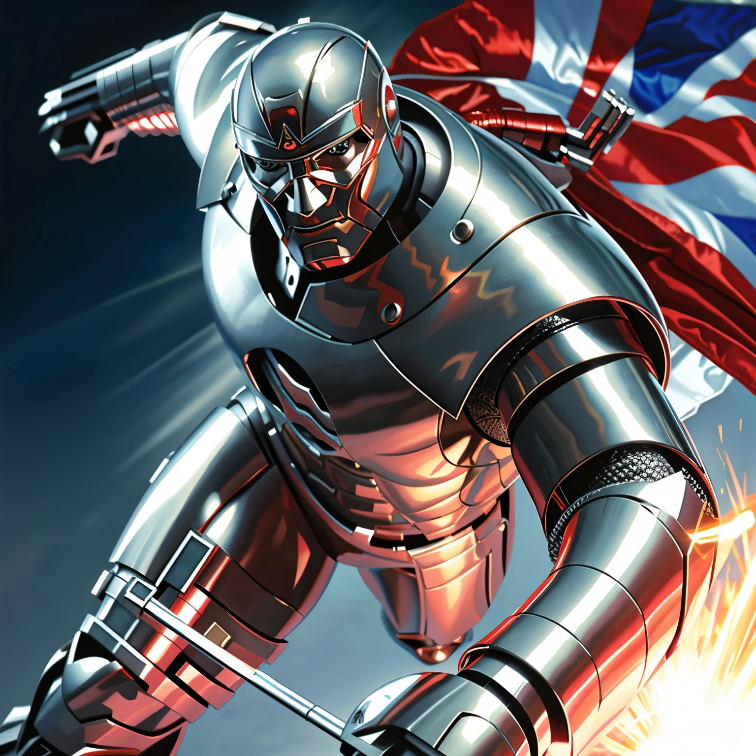 British superhero dressed in silver robotic armor ART by Alex Ross 