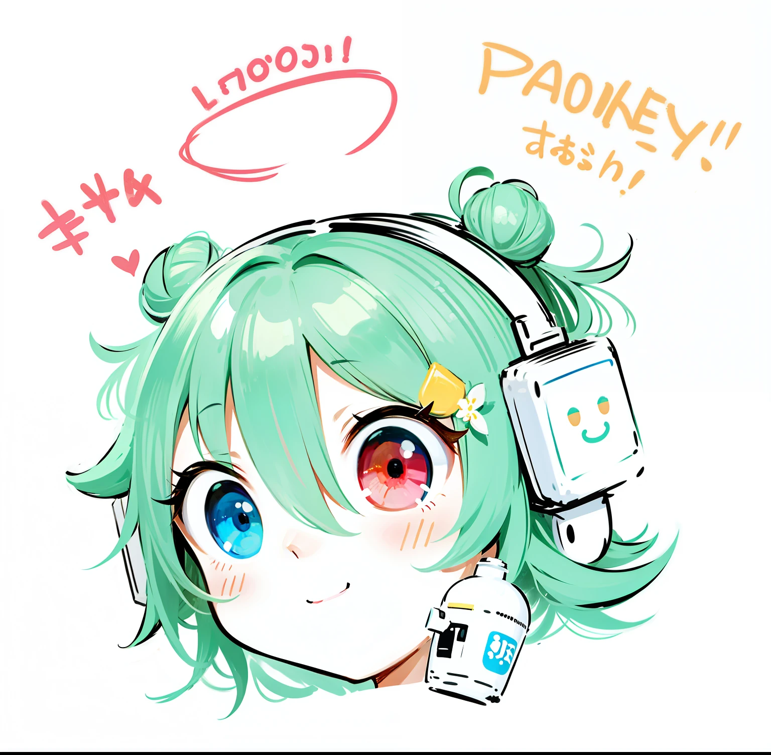 a cute monkey, all
kinds of expressions, happpy, sad, angry, expectant
laughter, disappointed1, cute eyes, white
background, illustration-nii 5-style cute, emoji
as illustration set, with boold manga line style,
dynamic pose dark white,, f/?? group, related
characters, Old Meme Kernel, robot, cute robot girl, aiko, light green hair, hairbuns, different color eyes