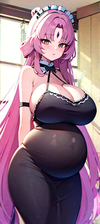 very long hair, thicc, very big breast, maid dress, pregnant