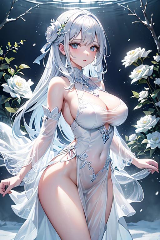 (Paradise in Heaven), White lighting,(muste piece), (best quality), (cinematic), 8K, (art station),(長いwhite hairとSilvery eyesを持つ1人の女), (beautiful delicate face)、[Frozen trees々], [landscape crystal], [lighting], [Ethereal Atmosphere:1.1], [fantasy, short story] ,[soft なlighting] 、(+cinematic shot:1.2)、 [+art station] 、[+luminous white background] 、 [soft glow] 、(Creative and dynamic angles:1.3), [+Crystal Toning] 、muste piece, very detailed, Super detailed, solo, (pale skin), Silvery eyes, white hair, (snow background), (snowflake rosen flower:1.0), (shining crystal), (Snowy ground), (White lashes), ???? woman、dreamy and detailed, Gorgeous setting, 妖しい雰囲気 muste piece, The most beautiful scenes, majestic、(((full of white flowers)))、quiet and serene atmosphere、attractive, all white tones,Inside the crystal library,Transparent flowers and falling snow，Many white roses are planted,(water flowing,waterfall,water bloom),The decoration is also carefully done.,dream（very detailedです，creative design，crisp and precise lines，K HD，best quality，master piece，超High resolution，In 4K）、Diverse poses、((beautiful white flower hair ornament))、beautiful hairstyle、(best quality, In 4K, 8K, High resolution, muste piece:1.2), Super detailed, detailed expression, graceful posture, expressive brush strokes, mysterious atmosphere, artistic interpretation,Delicate floral jewelry， (((Detailed design、Beautiful ????????????????? made of thin fabric、Sheer mini dress that shows off your skin)))、(SFW:1.5), (oversized ???????, best body proportions, proportions of ?????????????,:1.5)