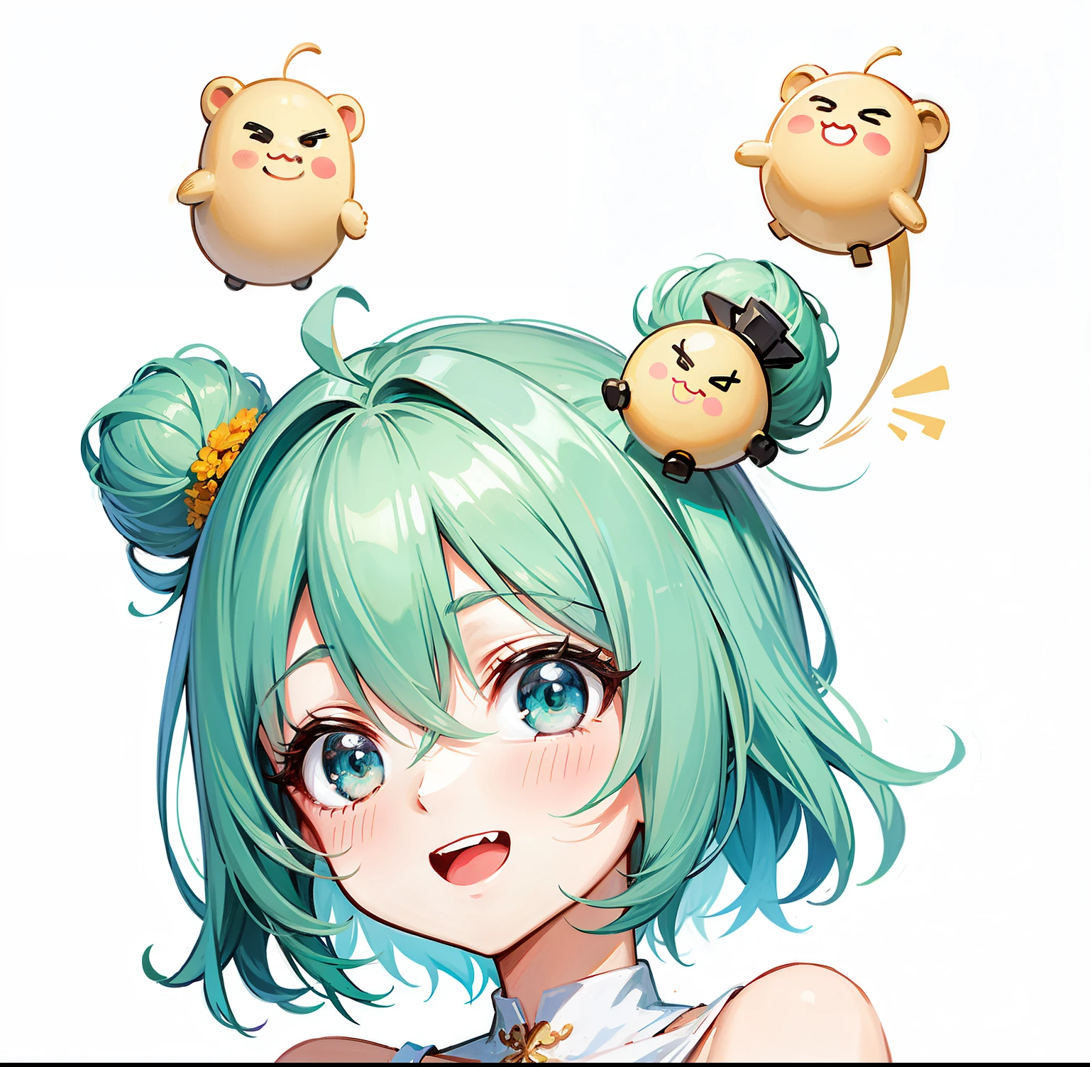 a cute monkey, all
kinds of expressions, happpy, sad, angry, expectant
laughter, disappointed1, cute eyes, white
background, illustration-nii 5-style cute, emoji
as illustration set, with boold manga line style,
dynamic pose dark white,, f/64 group, related
characters, Old Meme Kernel, robot, cute robot girl, aiko, light green hair, hairbuns, different color eyes
