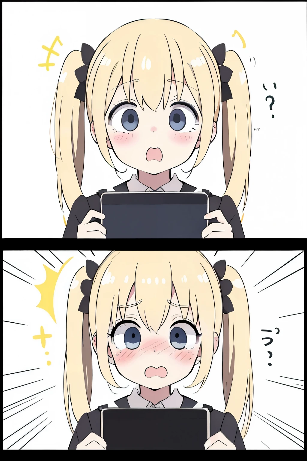 Nudist blonde girl crouching with smartphone、Lots of close elementary school boys pushing each other to look away、surround each other's face、naked recording screen、in group photograph、Group Selfies、From above、nsfw