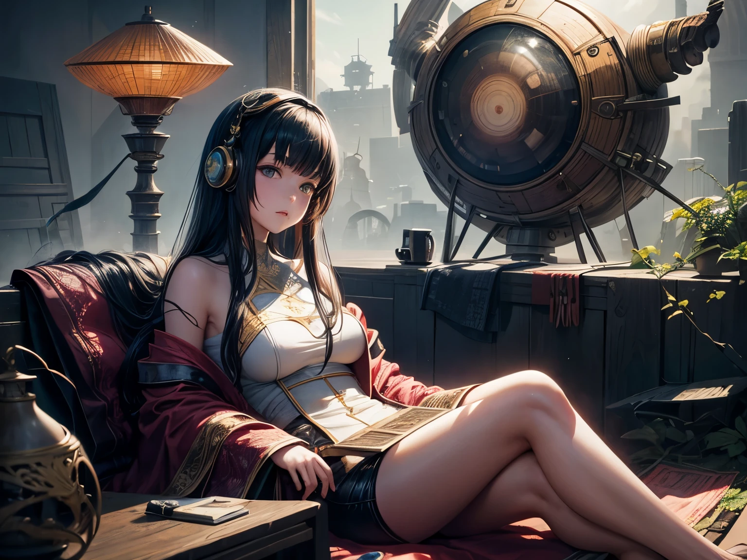 Andres Barrioquinto, Kore Yamazaki, Surreal, mysterious, strange, fantastical, fantasy, Sci-fi, Japanese anime, cracked wasteland, gramophone, flowing musical score, beautiful girl relaxing on the sofa, perfect voluminous body, detailed masterpiece