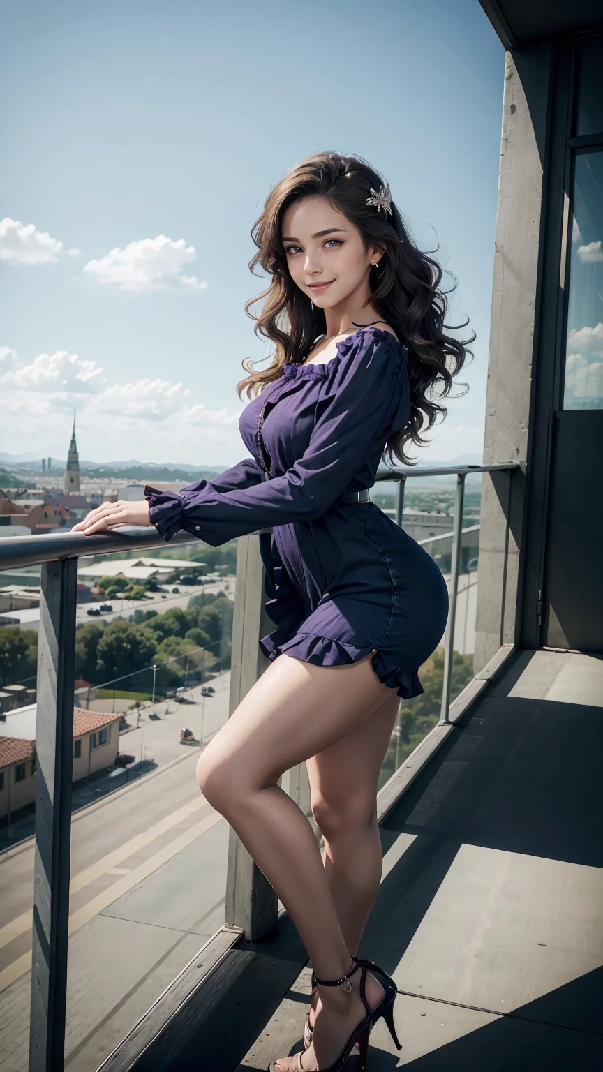 24-year-old Caucasian woman、Hair color is a gradation of brunette and purple、Hair is wavy、Eye color is blue、long hair、slender、smile、beautiful breasts、slenderだが均整の取れた細マッチョな身体、wearing a frilly blouse、She's wearing a frilly arm dress、I'm wearing jeans、wearing high heels、I'm on a high observation deck with a great view of Europe.、I grabbed the railing and looked at the scenery below.、smile、wearing hair ornaments、setting hair、Hair flutters in the wind