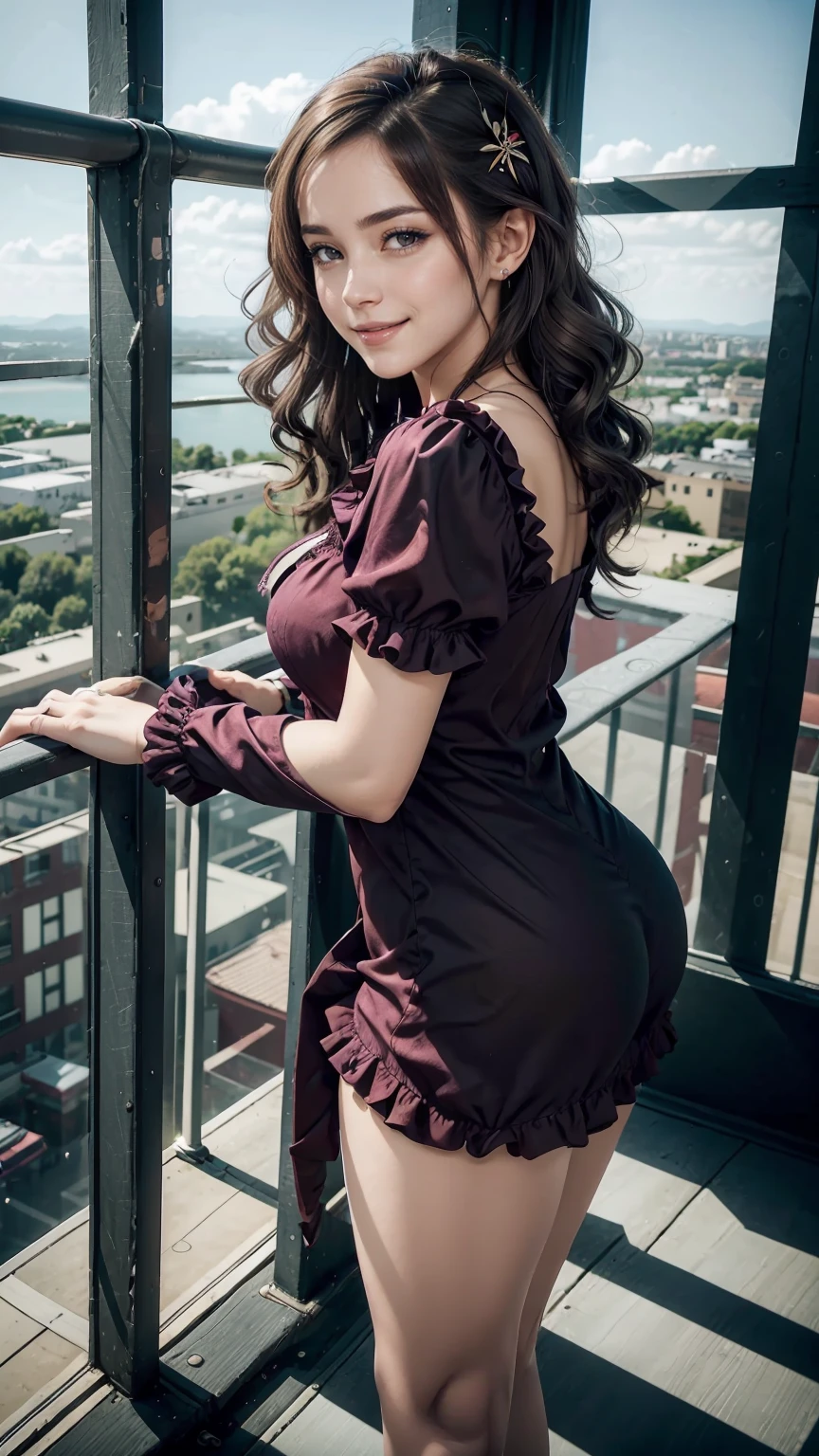 24-year-old Caucasian woman、Hair color is a gradation of brunette and purple、Hair is wavy、Eye color is blue、long hair、slender、smile、beautiful breasts、slenderだが均整の取れた細マッチョな身体、wearing a frilly blouse、She's wearing a frilly arm dress、I'm wearing jeans、wearing high heels、I'm on a high observation deck with a great view of Europe.、I grabbed the railing and looked at the scenery below.、smile、wearing hair ornaments、setting hair、Hair flutters in the wind