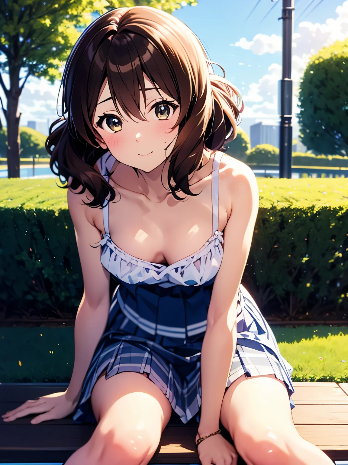 kumiko,1 girl, Japanese, high school girl,medium hair, bangs, hair between eyes,Wavy hair、
looking at the viewer, whole body, Front view:0.6, 
(beautiful scenery), garden,
camisole, 白のcamisole , Grey plaid pleated skirt,
(sitting, lift the skirt, hand between legs), sexy、leaning forward blush,Kumiko Kozen