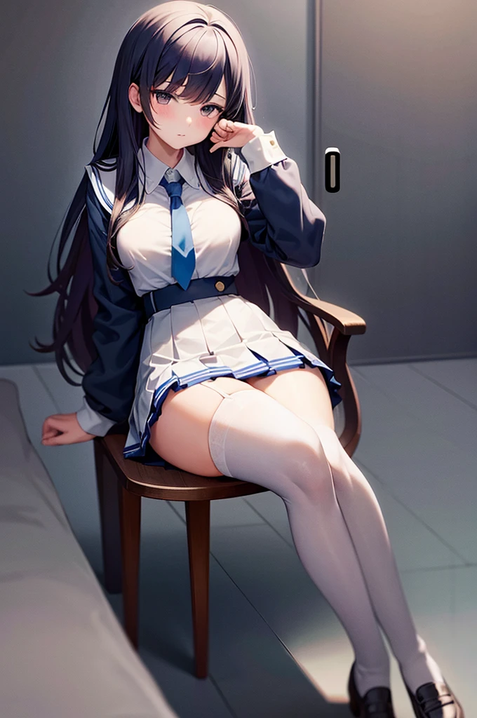[(masterpiece: 1.1, highest quality: 1.1), Shy high school girl in uniform, emphasize, , Sheer,sailor suit blue mini skirt White knee-high socks garter belt swollen chest Blue long-haired beautiful black eyes sitting in a chair with a large backrest leaning on the backrest legs crossed
