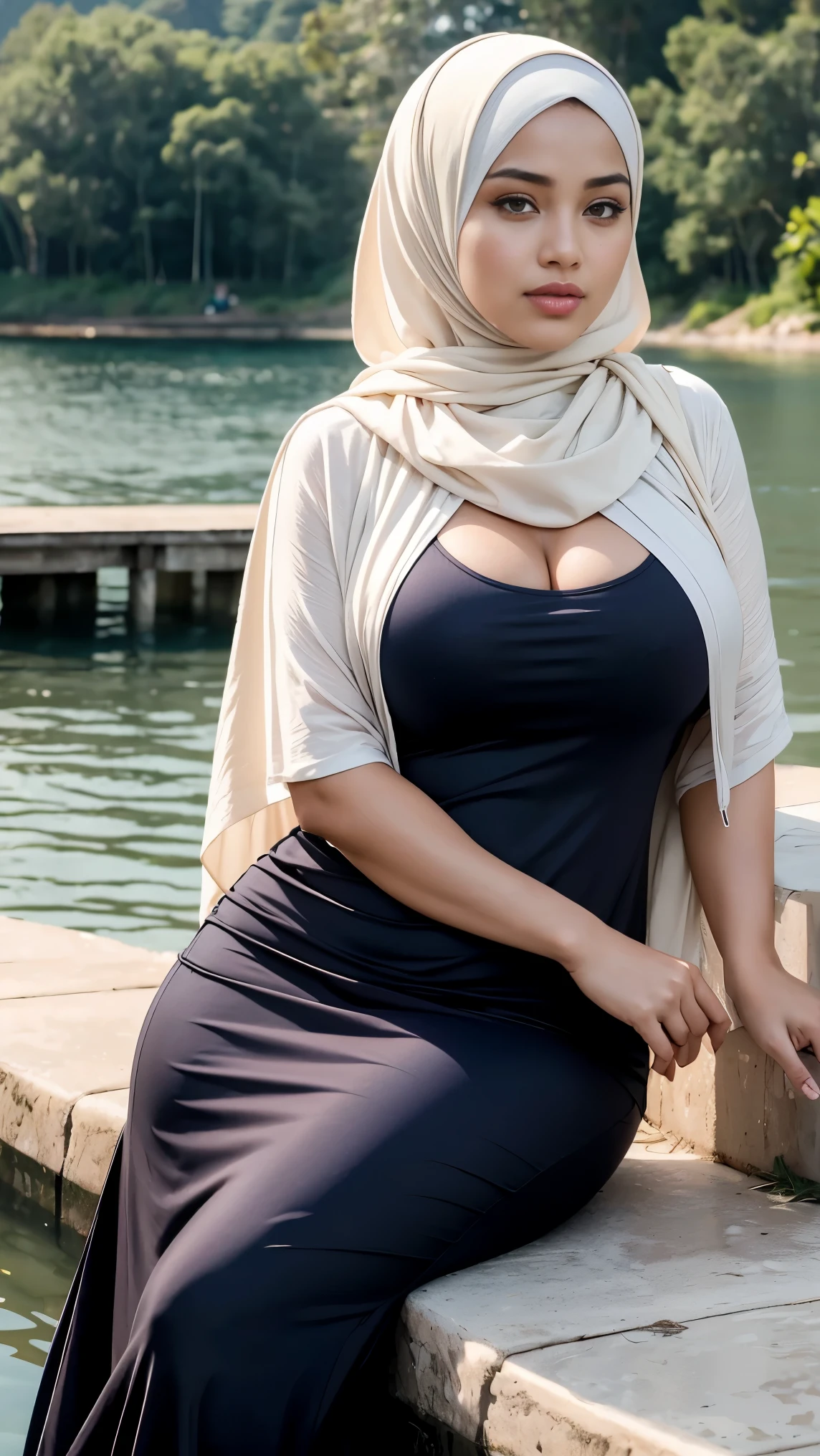 RAW, Best quality, high resolution, masterpiece: 1.3), beautiful Malay woman in hijab, Masterpiece, perfect fit body,(( big breasts)),thick thighs, beautiful big eyes, Soft smile, muslim woman sitting on a wall by the water, beautiful girl, near a jetty, beautiful lady, woman model, on a riverbank, casual photography, at the waterside, with lovely look, potrait, beautiful girl, beautiful image, lovely woman, full protrait, beautiful woman, protrait, in lake, serena malyon, casual pose , Great lighting, Bright colors, Ultra realistic clean lines, very realistic