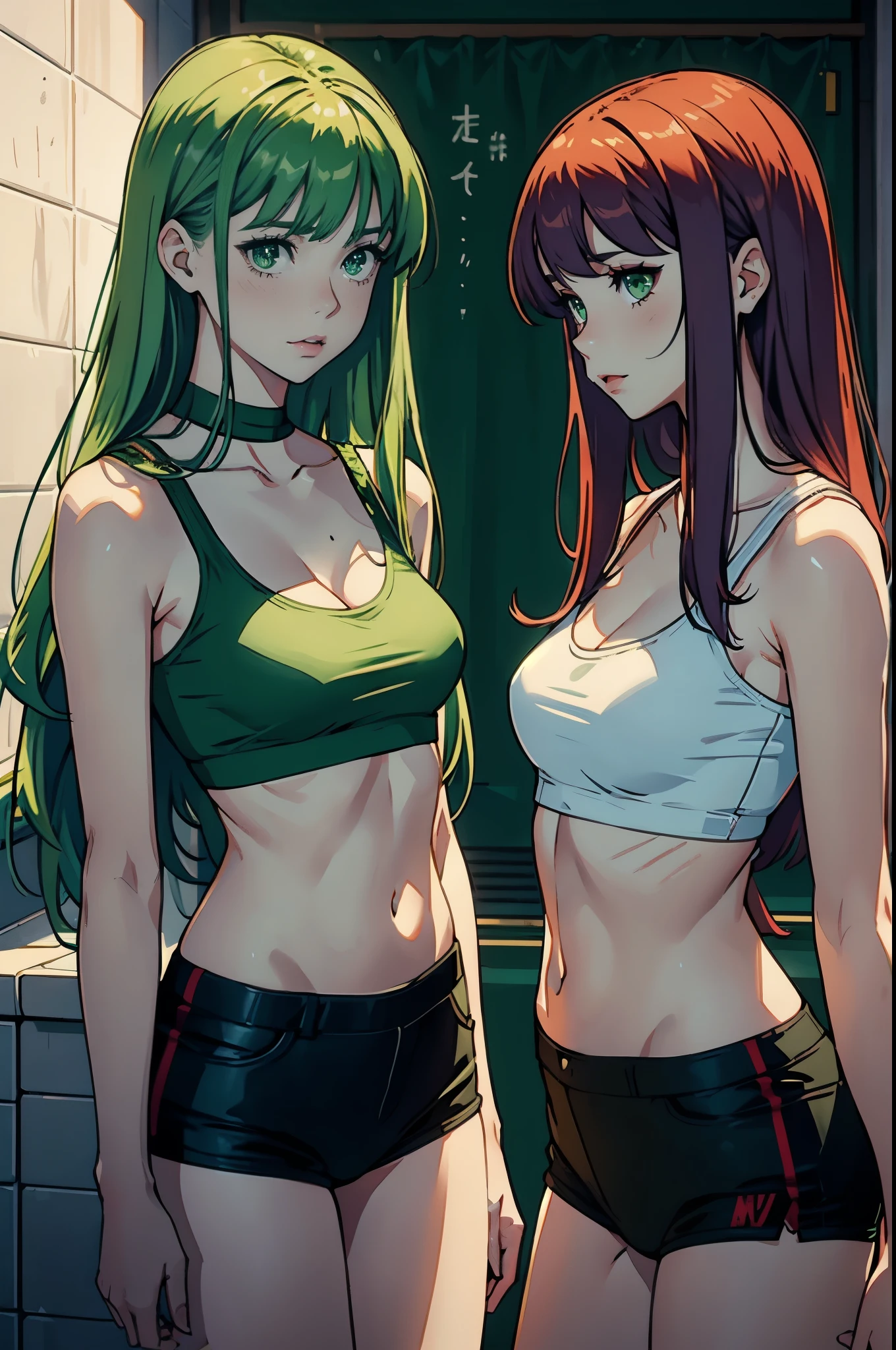 best quality, (masterpiece),(ultra-detailed), (high quality), (high resolution), ((2heads:1.5)), best quality:1.5, highres, UHD, 16K), smiling, highres, masterpiece, ((brown hair)), ((black hair)), ((different hair colors)), (long hair), blushing, ((cinematic particles)), dark blue shorts with green patterns, cowboy shot, ((black tank top)), exposed midriff, gym, sharp looking eyes
