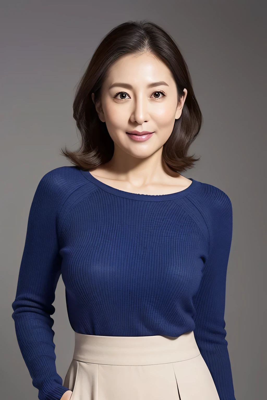 High resolution、High-level image quality、high detail、masterpiece、rough skin、anatomically correct、sharp、Gray background((japanese mature、40 years old))、Alone、((wrinkles on face))、shapely big breasts、Straight light brown shoulder-length hair、Chubby body type(((Stand upright facing the center of the screen。)))、Close your mouth and look serious、sweater, skirt、((cowboy shot)) 、
