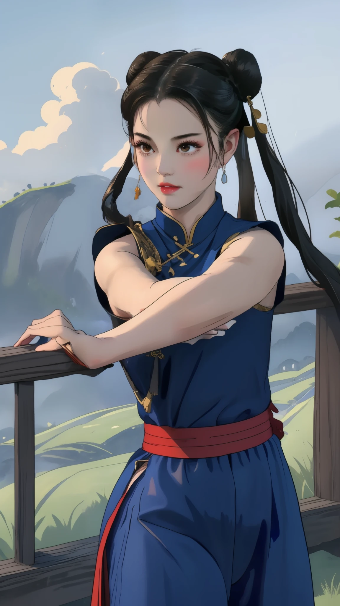 Paichang, Twin blades with blue ribbon, brown eyes, double bun,black hair, alone , Tai Chi stance, close,
Paiati,blue chinese dress, Red band, pants, No sleeve,
 blue sky, cloudy, evening, grassland, 
(Extremely detailed, beautiful detailed face, masterpiece, highest quality)   Close up of cartoon character with ponytail in field, portrait of Chunli, portrait of Chunli, Chunli, Chunli, Chunli, Inspired by Li Miki, Chunli at the gym, tifa lockhart portrait, highly detailed art germ, Kunoichi, Inspired by Zhu Lian, Inspired by Wu Li