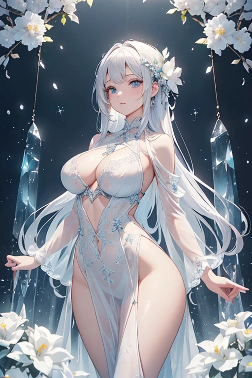 (Paradise in Heaven), White lighting,(muste piece), (best quality), (cinematic), 8K, (art station),(長いwhite hairとSilvery eyesを持つ1人の女), (beautiful delicate face)、[Frozen trees々], [landscape crystal], [lighting], [Ethereal Atmosphere:1.1], [fantasy, short story] ,[soft なlighting] 、(+cinematic shot:1.2)、 [+art station] 、[+luminous white background] 、 [soft glow] 、(Creative and dynamic angles:1.3), [+Crystal Toning] 、muste piece, very detailed, Super detailed, solo, (pale skin), Silvery eyes, white hair, (snow background), (snowflake rosen flower:1.0), (shining crystal), (Snowy ground), (White lashes), sexy woman、dreamy and detailed, Gorgeous setting, 妖しい雰囲気 muste piece, The most beautiful scenes, majestic、(((full of white flowers)))、quiet and serene atmosphere、attractive, all white tones,Inside the crystal library,Transparent flowers and falling snow，Many white roses are planted,(water flowing,waterfall,water bloom),The decoration is also carefully done.,dream（very detailedです，creative design，crisp and precise lines，K HD，best quality，master piece，超High resolution，In 4K）、Diverse poses、((beautiful white flower hair ornament))、beautiful hairstyle、(best quality, In 4K, 8K, High resolution, muste piece:1.2), Super detailed, detailed expression, graceful posture, Expressiveなブラシストローク, mysterious atmosphere, artistic interpretation,Delicate floral jewelry， (((Detailed design、Beautiful transparent dress made of thin fabric、Sheer mini dress that shows off your skin)))、(SFW:1.5), (oversized breasts, best body proportions, proportions of large breasts,:1.5)、Expressive