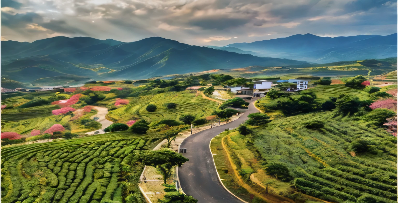 The road winds through the lush green valley, and the idyllic land, Taiwan, is dotted with cherry blossoms