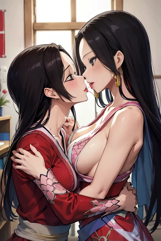 (highest quality:1.3), Boa Hancock, , 2 人のBoa Hancock，equivalent height，In the classroom，long black hair，face each other and look at each other，hug each other，two bodies are close together，kiss、Picture of two people、Holding hands and facing each other、Photograph of two people facing each other、Push each other、Stick your boobs and boobs together、,highest quality,1 girl,kiss_tonguetongue,,tongue、two girls、lick together、Girls facing each other、抱き合いながらkiss、very big breasts、super huge boobs、向かい合ってkiss、hug each other、Boa Hancockの衣装、Boa Hancockの赤いドレス