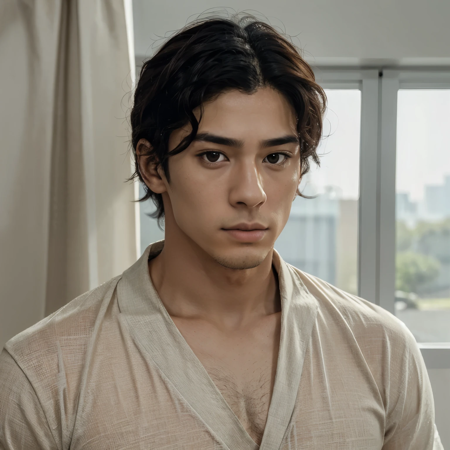 (best quality), (8k), (top quality), (real photo), (realistic photo), Korean mix Hispanic light skinnd male with curtain dark hairstyles. He looking at the screen with a stern face. Jawline define. He’s really handsome.